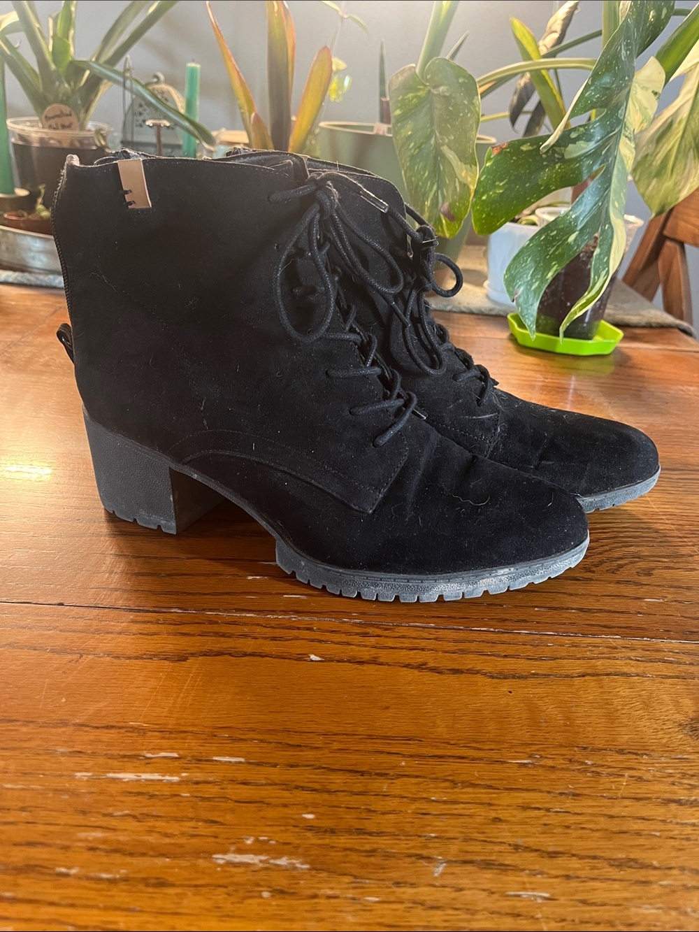 Black Suede Lace-Up Block Heel Ankle Boots - Women